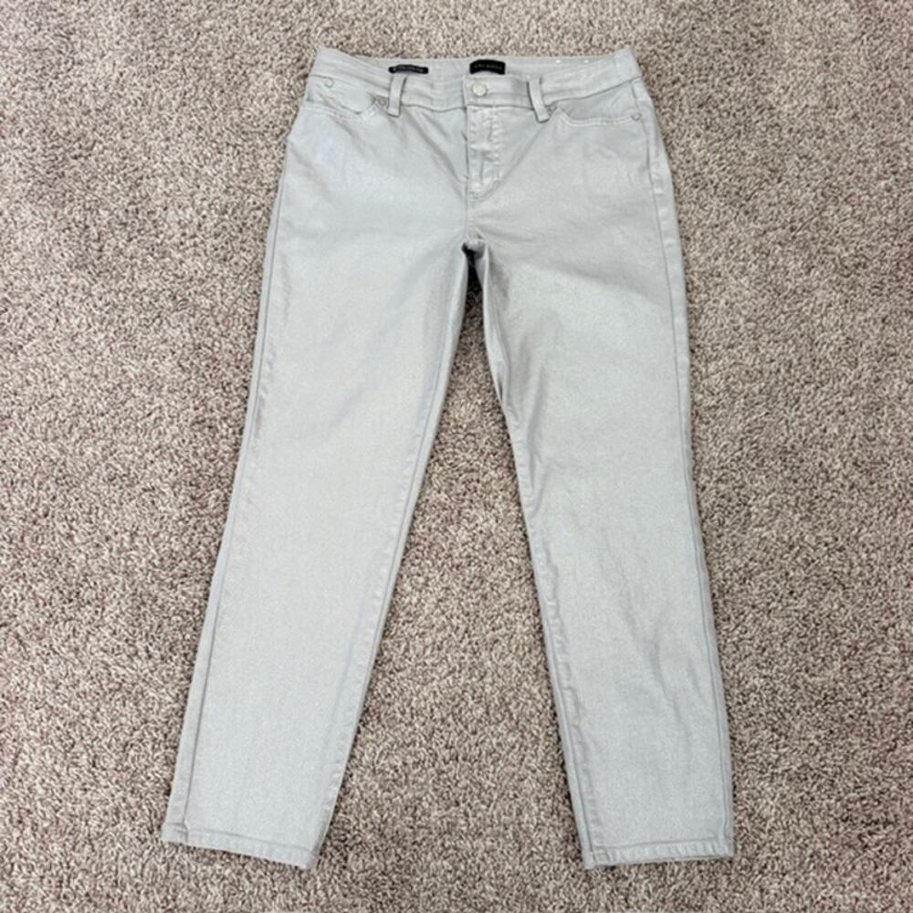 Talbots Slim Ankle Jeans Silver Foil Women 8 Petite Shimmering Flattering Dressy